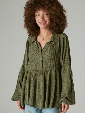 Lucky Brand Boho Green Floral Popover Blouse XL